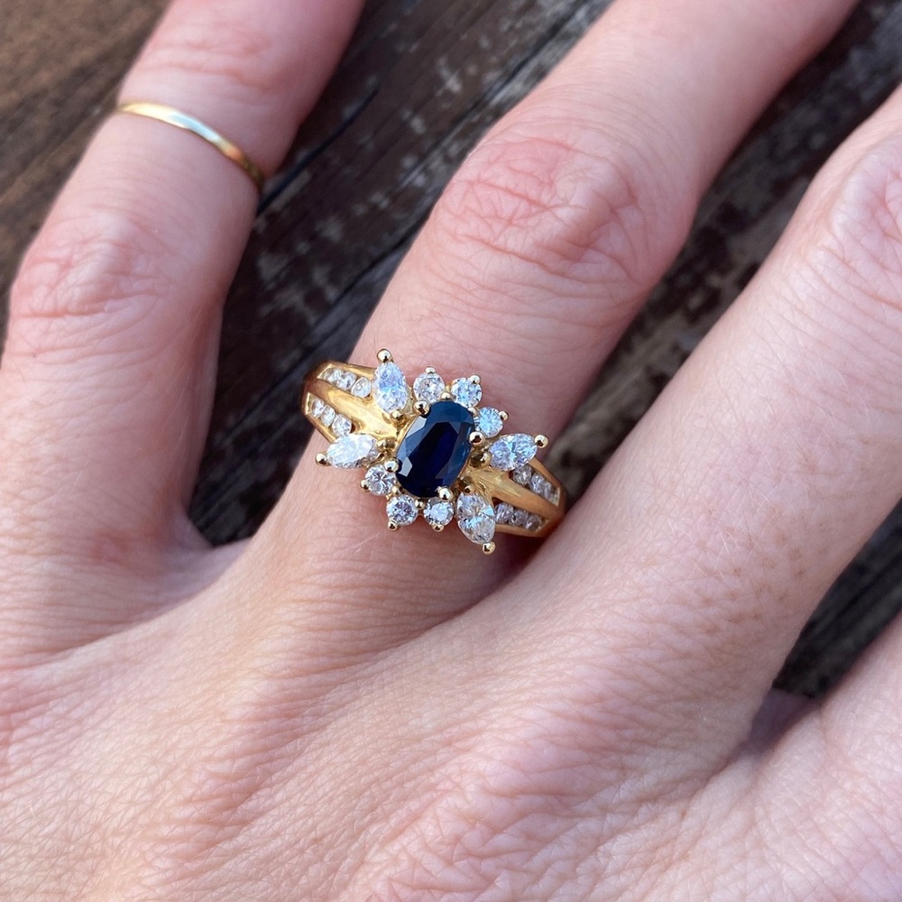 Vintage Oval Blue Sapphire Marquise Round Diamond 14k
Yellow Gold Cocktail Ring